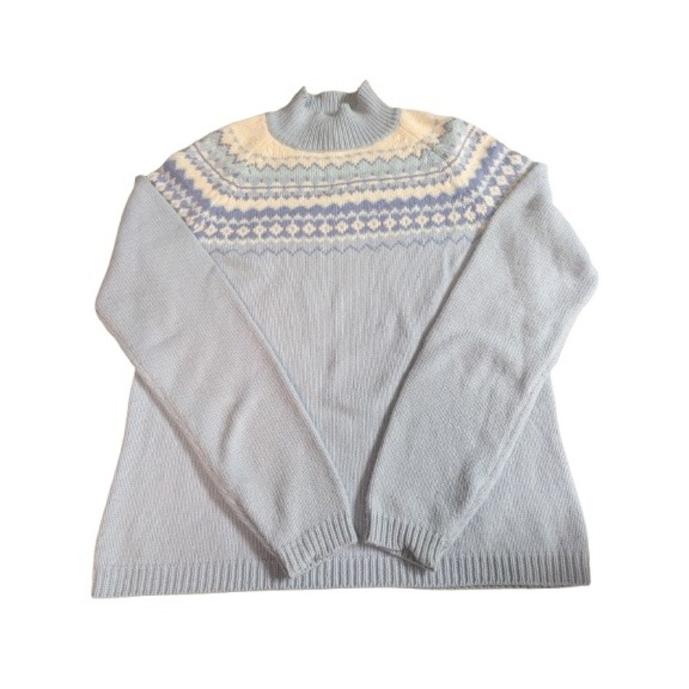VTG Covington Blue Fair Isle Angora Blend Sweater Mock Neck Fuzzy Large‎ 14-16